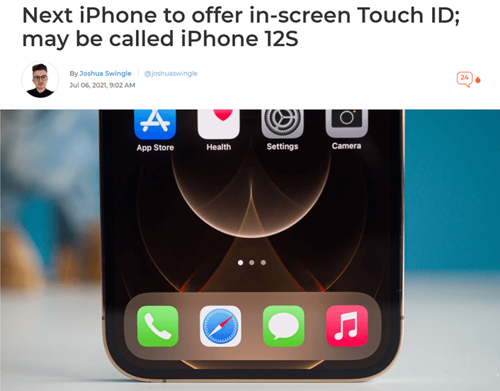 PhoneArena「Next iPhone to offer in-screen Touch ID; may be called iPhone 12S」の画像から引用