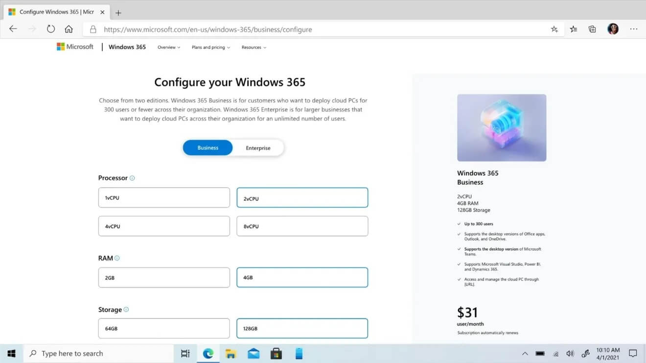 The Verge「Microsoft reveals first Windows 365 pricing for PCs in the cloud」から画像引用
