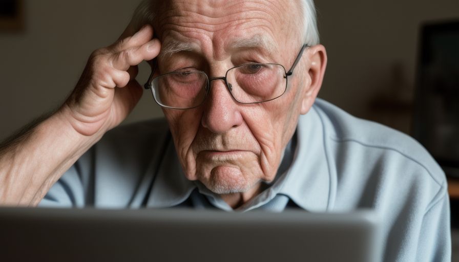 パソコンの前で悩むおじいさんの画像 | ホームページ・インフラ担当が副業やるってよ