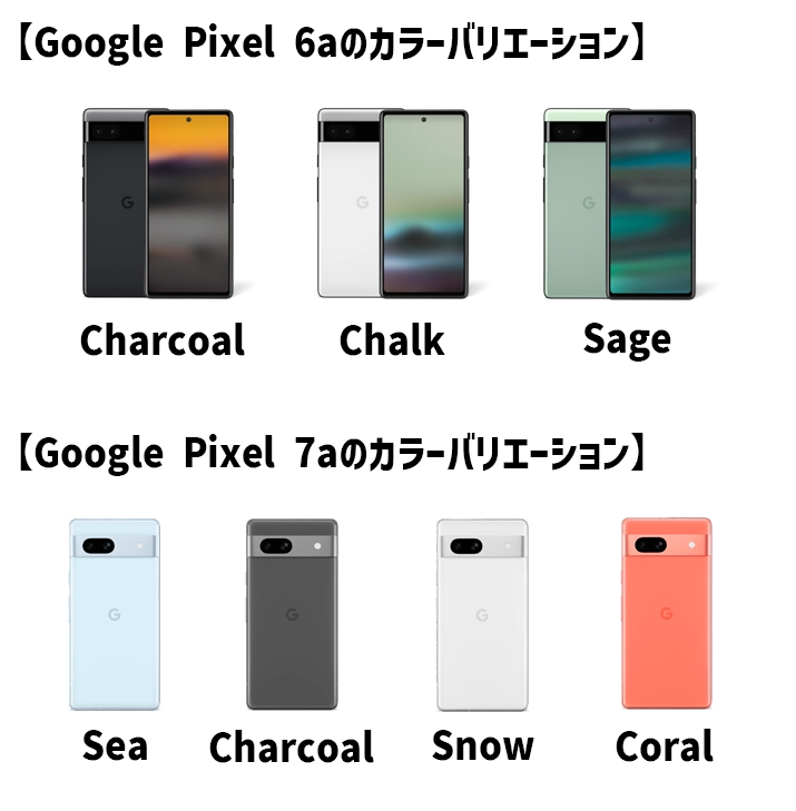 Google Pixel 6aとGoogle Pixel 7aのカラーバリエーション