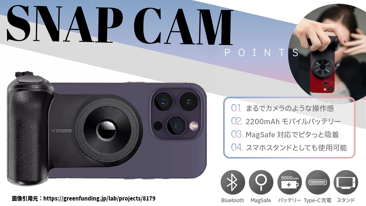 iPhone撮影革新！バッテリー内蔵MagSafe対応グリップ「SNAPCAM」