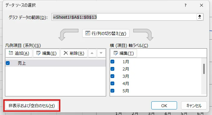 Excel データソースの選択ダイアログ 左下の 非表示および空白のセル ボタン 赤枠 実機画面