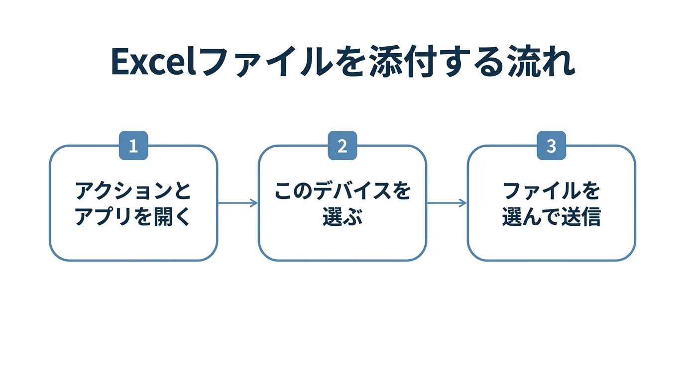TeamsでExcelファイルを添付する流れの図解。アクションとアプリを開き、このデバイスを選び、ファイルを選んで送信する3ステップ
