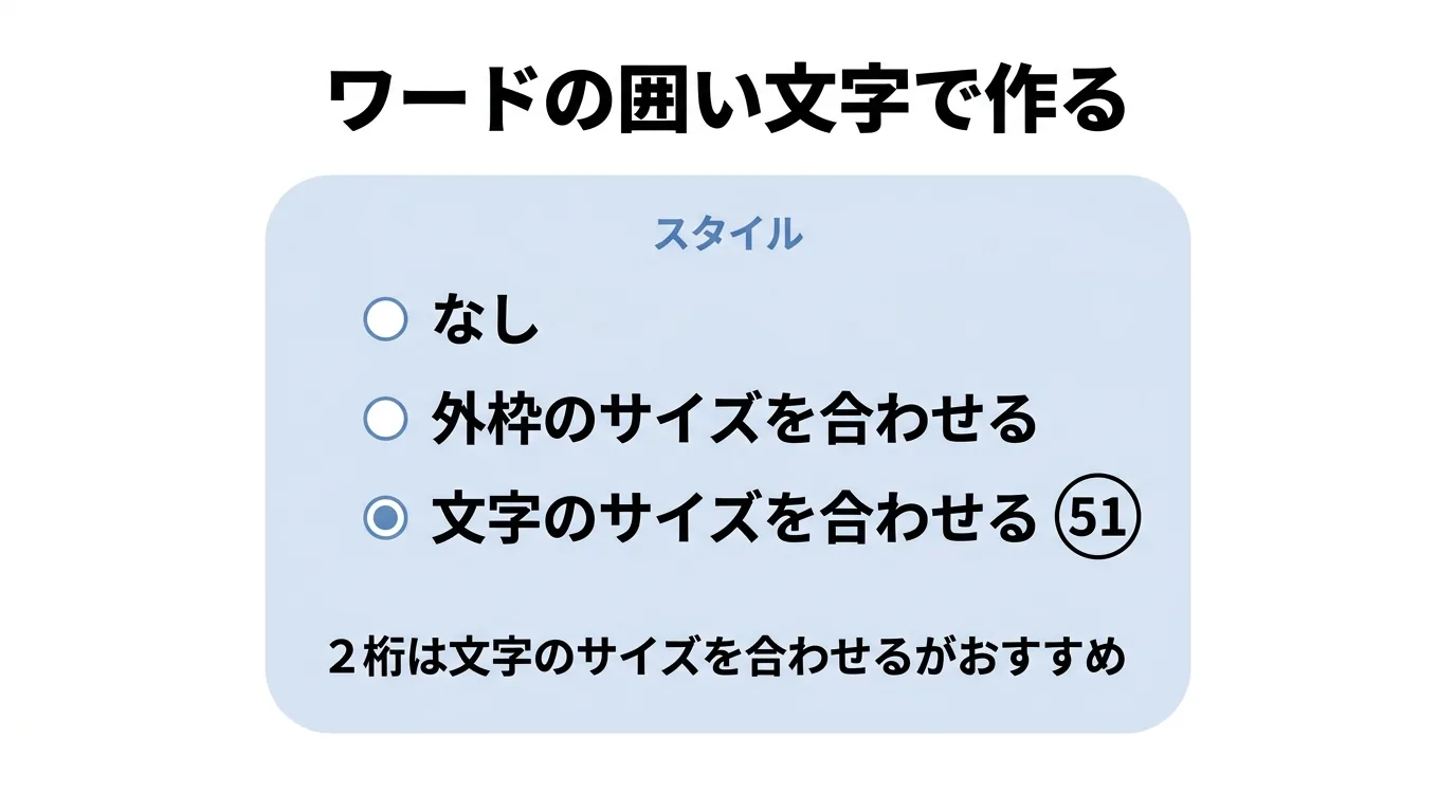 Wordの囲い文字ダイアログのスタイルの図解。なし、外枠のサイズを合わせる、文字のサイズを合わせるの3つがあり2桁は文字のサイズを合わせるがおすすめ