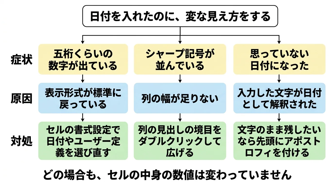 日付が思ったとおりに見えないときの見分け方の図。症状が5桁の数字、シャープ記号が並ぶ、思っていない日付になった、の3つに分かれ、それぞれ原因と対処が続く。下にどの場合もセルの中身の数値は変わっていないと書かれている