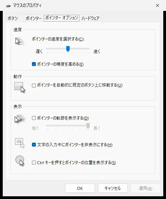 当サイトの実機のマウスのプロパティのポインターオプションタブ。文字の入力中にポインターを非表示にするにチェックが入り、Ctrlキーを押すとポインターの位置を表示するは空欄になっている