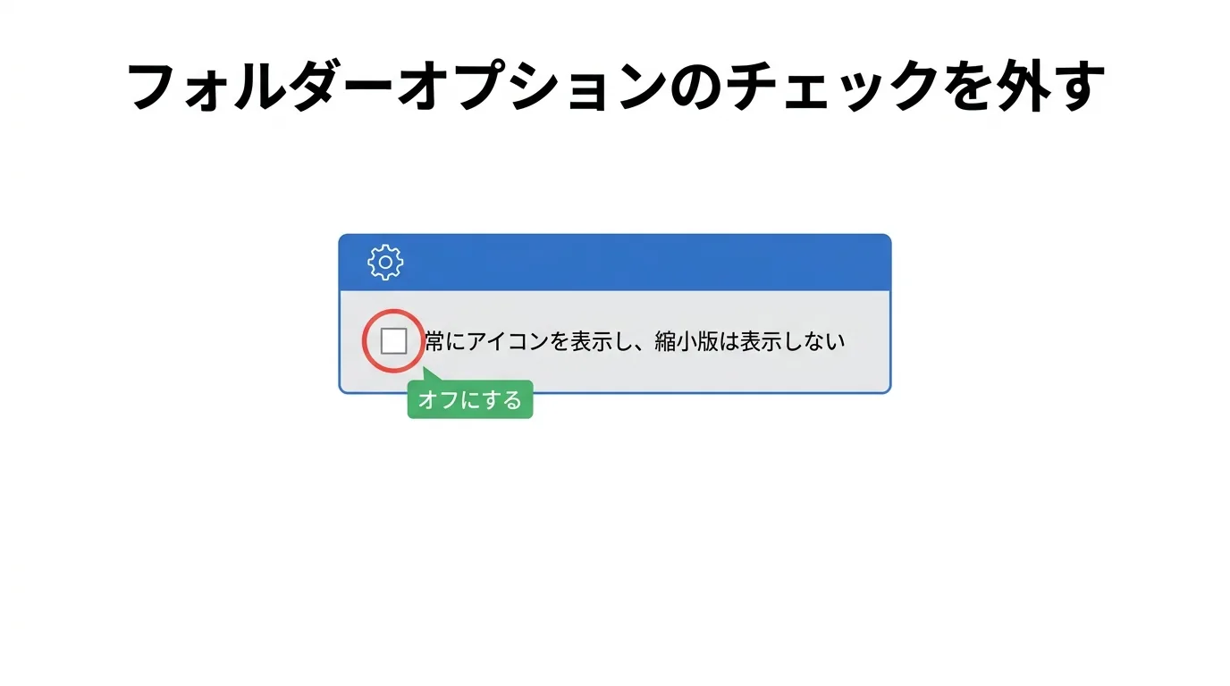 フォルダーオプションのチェックを外す図。常にアイコンを表示し縮小版は表示しないのチェックをオフにする