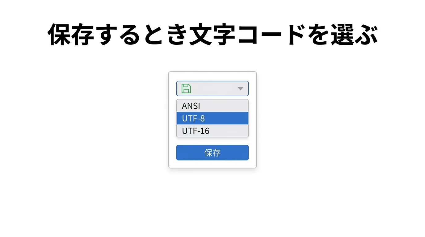 メモ帳で保存するときに文字コードを選ぶ図。ANSI・UTF-8・UTF-16から選べる