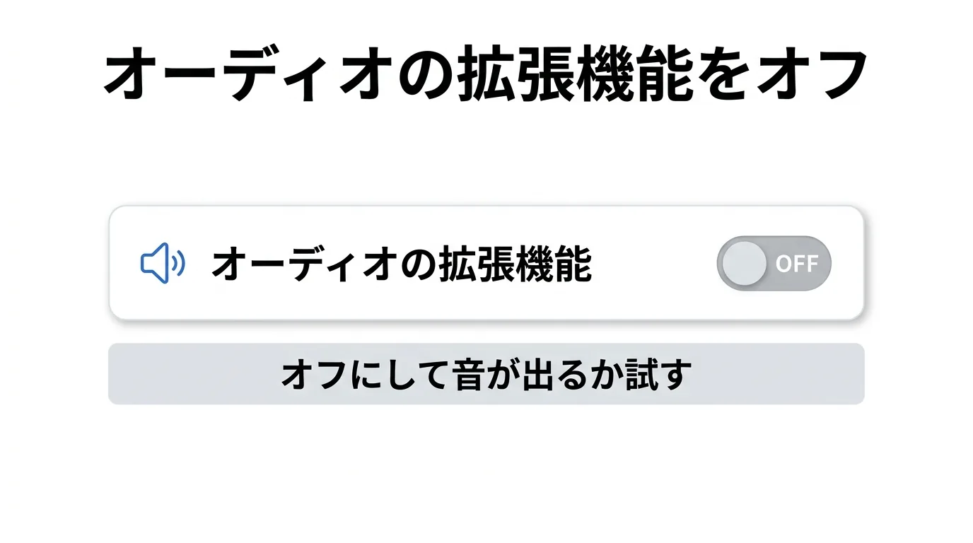 オーディオの拡張機能をオフにする設定の図。拡張機能のトグルをオフにして音が出るか試す