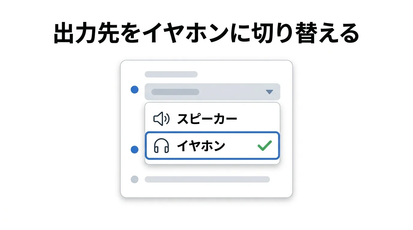 サウンド設定の出力デバイス選択の図。スピーカーではなくイヤホンを選んで切り替える
