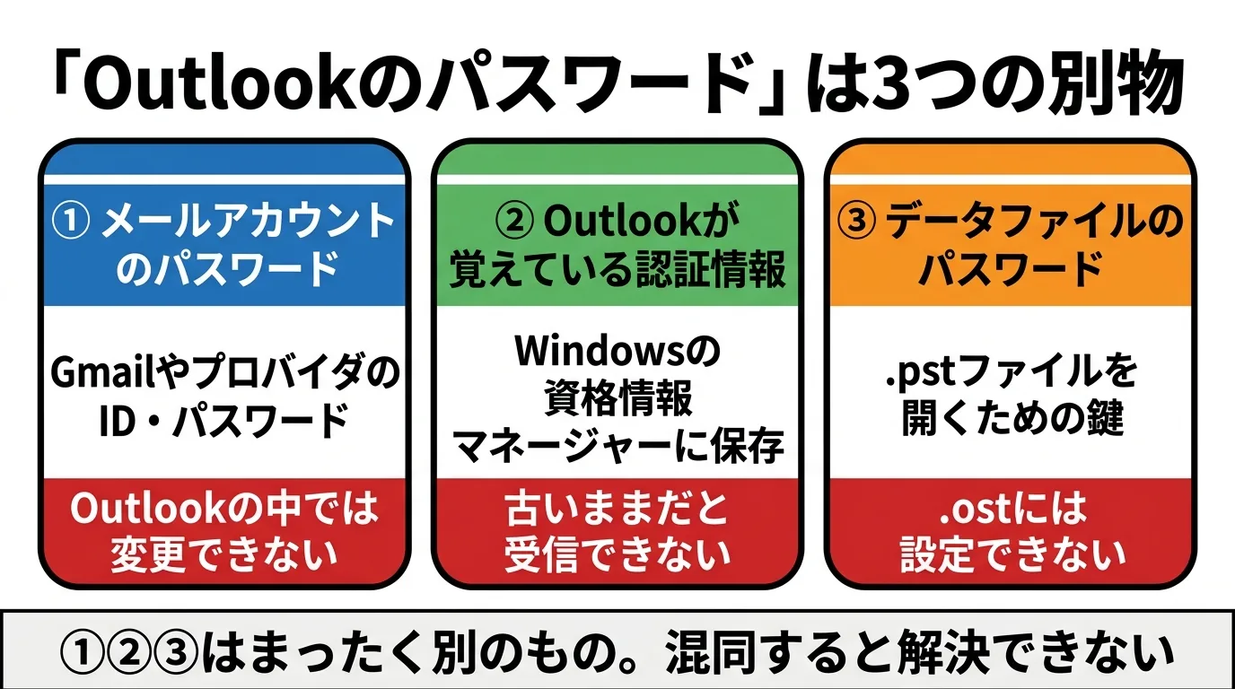 OutlookのパスワードがメールアカウントのパスワードとOutlookが覚えている認証情報とデータファイルのパスワードの3つに分かれることを示した図解
