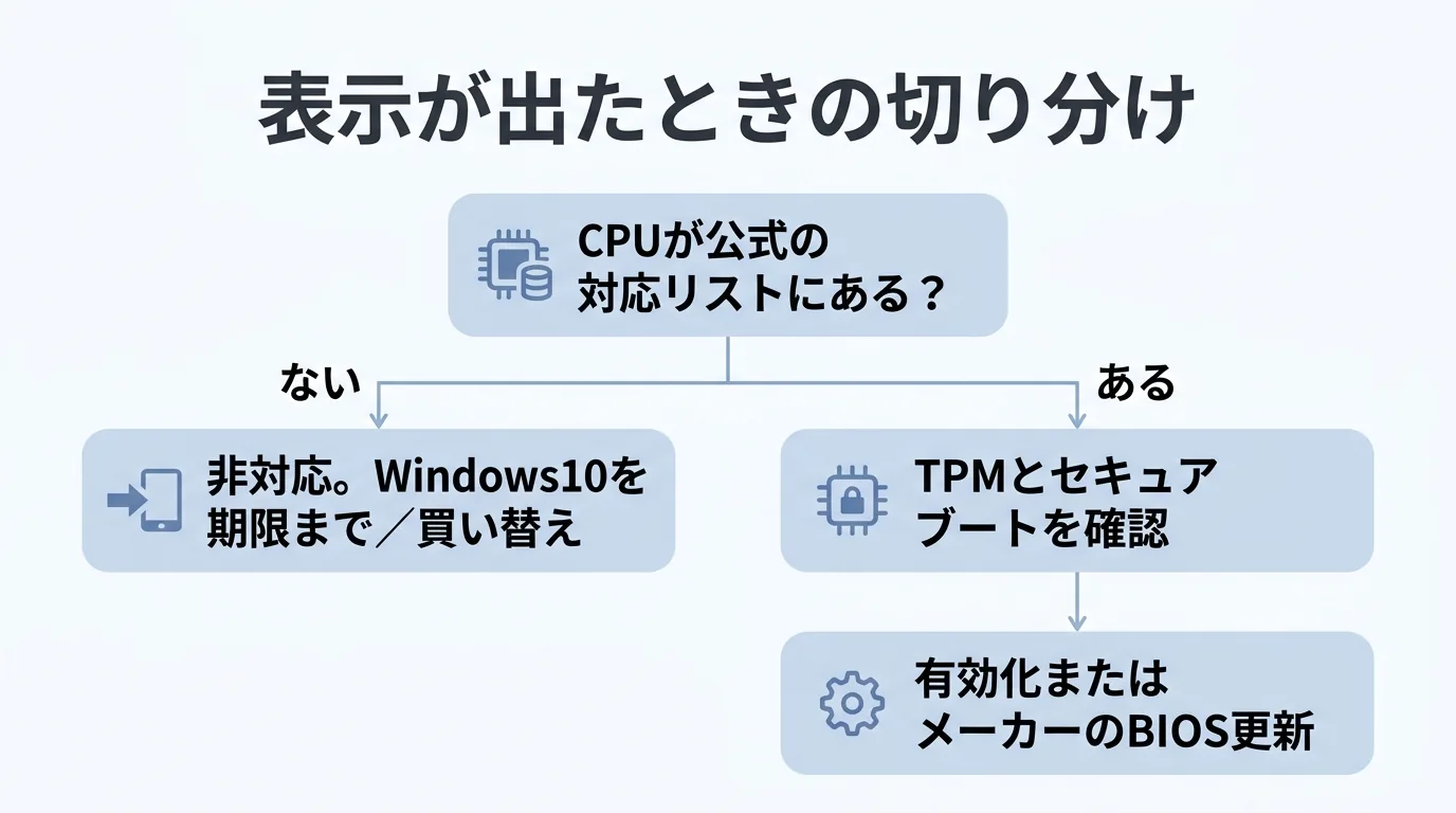 表示が出たときの切り分けフローチャート。CPUが対応リストにあるかを確認し、なければ非対応、あればTPMとセキュアブートを確認する流れの図解